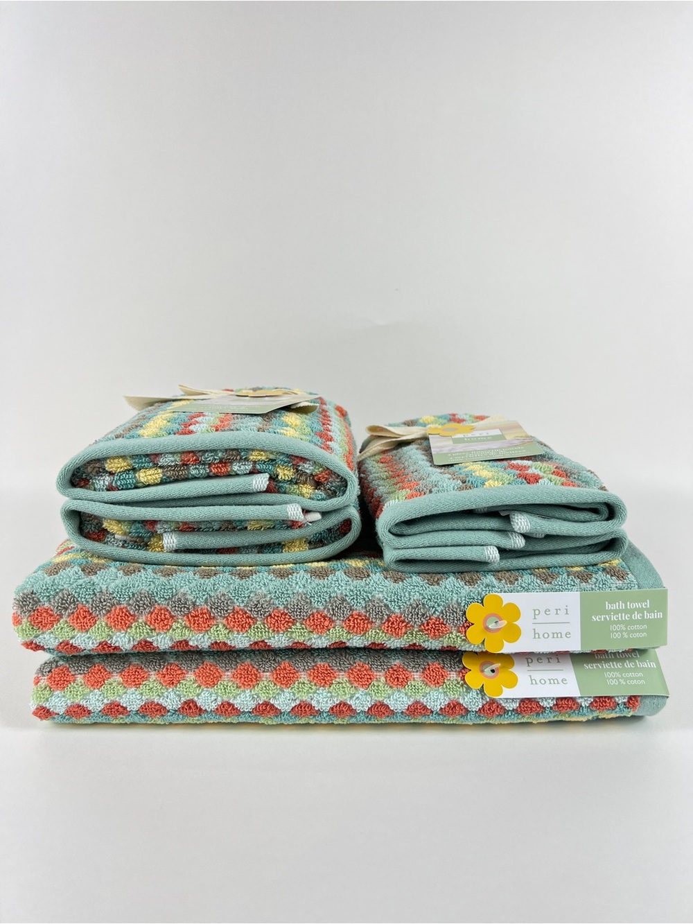 Peri Home Bath Towel Set Turquoise Multicolor Diamond Pattern Cotton 6 Pc NEW